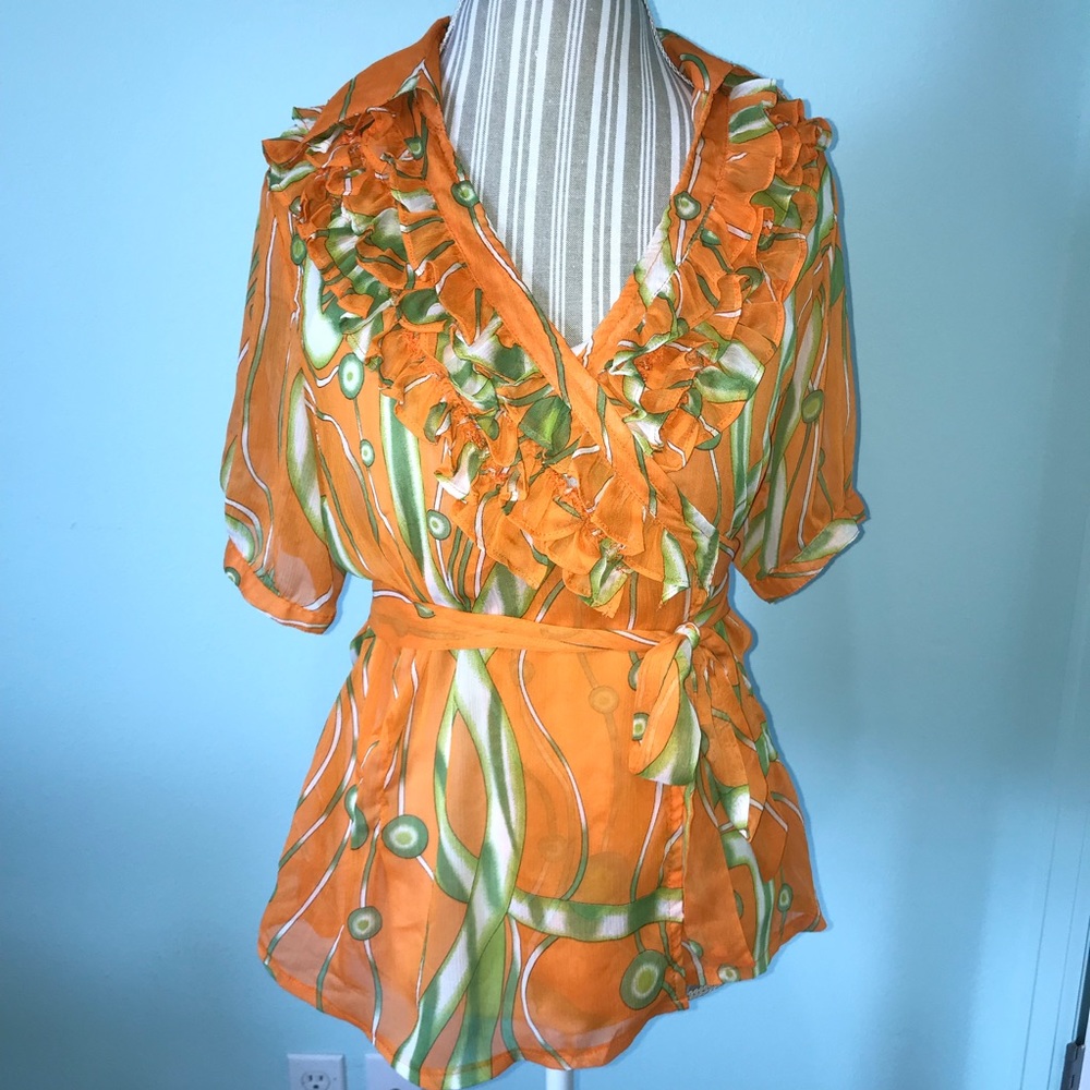 Beautiful Orange Print Wrap Blouse Size Large